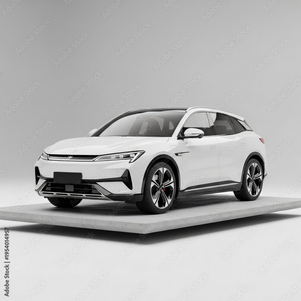 Obraz premium Sleek White Modern Electric SUV on Minimalist Concrete Platform