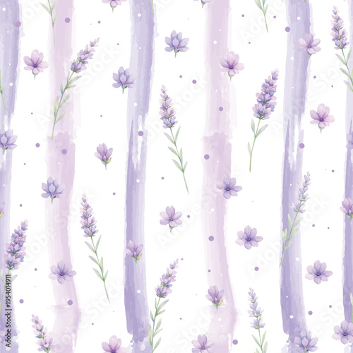 Seamless lavender floral pattern with soft watercolor stripes in pastel purple tones, perfect for fabric, wallpaper, packaging, stationery, and feminine branding designs.
