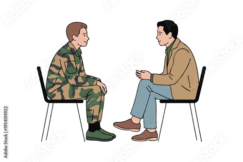 Military man in camouflage and civilian in casual wear talking face-to-face, flat style, on white background. Concept of veteran support dialogue