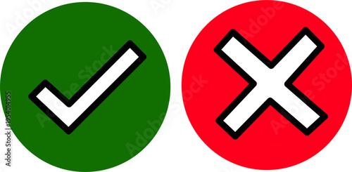 Green checkmark and red cross icons in circular shapes, representing approval and rejection, success and failure, isolated on a clean background.