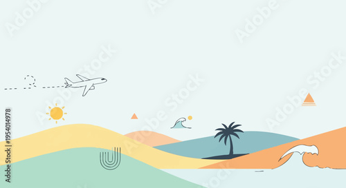 Vacation Journey: A graphic illustration shows a plane soaring through the sky, embarking on a tropical vacation, accompanied by imagery of the sun, waves, palm tree, and hills. A dreamy escape.