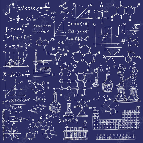 Science Formulas and Laboratory Equipment.
