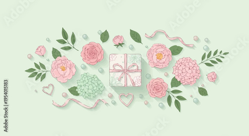 Gift Surrounded by Floral Elegance: A beautifully wrapped gift nestled amidst a delicate arrangement of pastel-colored flowers, ribbons, and decorative elements.