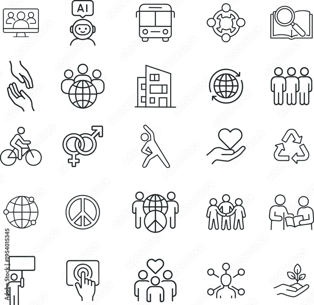 Fototapeta premium Social vector icon set, people, community, globe, AI robot, bus, building, cycling, gender, recycle, peace, care, education, protest, network, growth