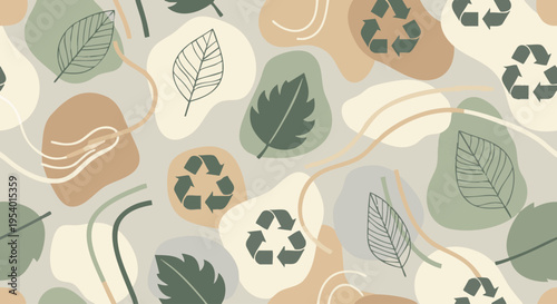 Eco-Conscious Design: A seamless pattern, artfully blending organic leaves with the iconic recycle symbol, encapsulates a vision of environmental stewardship and sustainable practice.