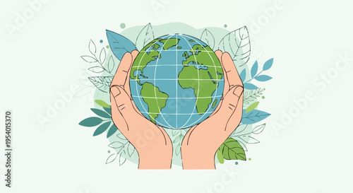 World in Hand: a delicate world in hand, the world is held gently by two hands surrounded by green leaves and plants, creating a scene of care and protection.