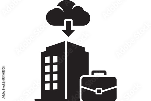 Building office with briefcase and cloud download featuring business, corporate, architecture with company and organization elements for workplace,