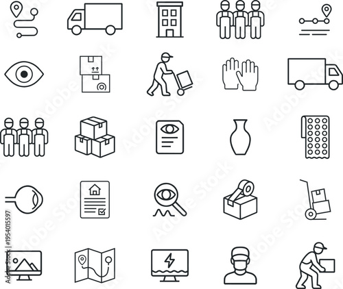 Delivery vector icon set, route, truck, building, workers, eye, boxes, hand truck, gloves, document, vase, wallpaper, magnifying glass, package, map, monitor, deliveryman