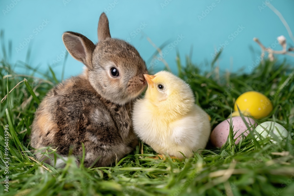 Fototapeta premium Cute bunny and chick together in green grass with pastel easter eggs on a blue background in a sweet spring holiday scene.