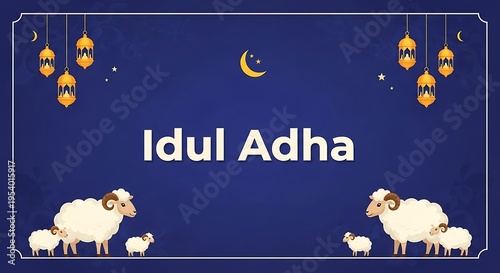 Idul adha celebration sheep and lanterns on blue background vector illustration