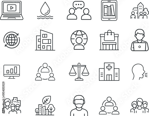 Global vector icon set, laptop, water, communication, tablet, city, globe, building, shop, worker, chart, people, justice, hospital, ecology, virtual reality