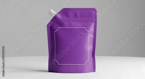 A vibrant purple stand-up pouch with a white spout and a decorative label area, presented against a neutral background.