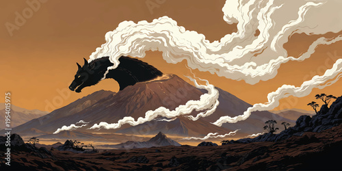 Fantasy Dragon Flying Over Volcano Landscape Vector Illustration with Dramatic Clouds