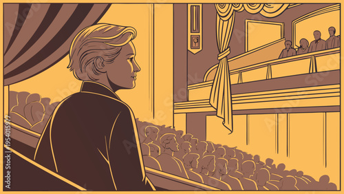 A man in a suit sits in a crowded theater with a yellow and brown color scheme