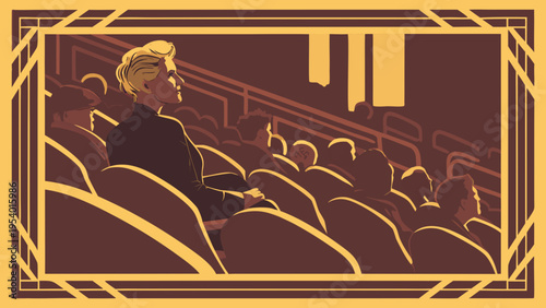 A man sits alone in a crowded theater with a gold and brown color scheme
