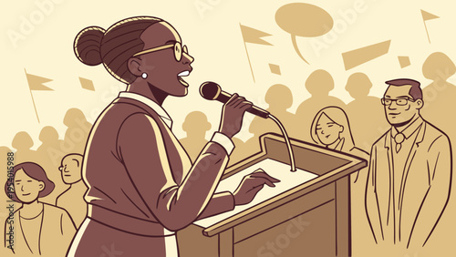 A confident woman speaking at a podium in front of a crowd of people