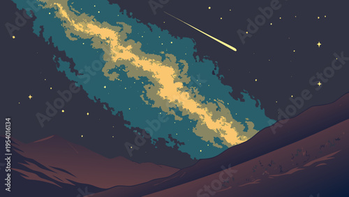 A vector graphic illustration of a shooting star streaking across a starry night sky with a mountain range silhouette