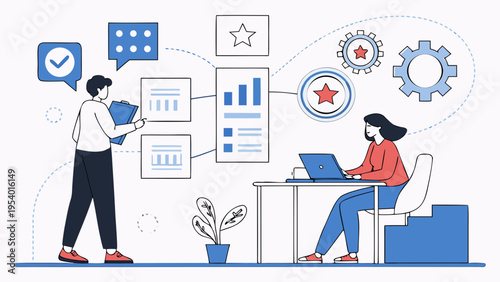 A minimalist vector illustration of two coworkers collaborating on a project with various workflow and productivity icons surrounding them.