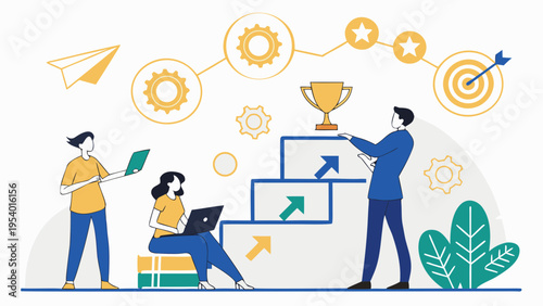 A vector graphic illustration of three people working together to achieve success with a trophy and gears in the background
