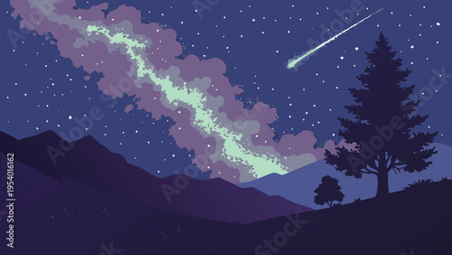 A vector graphic illustration of a shooting star streaking across a starry night sky with a mountain range and trees in the foreground.