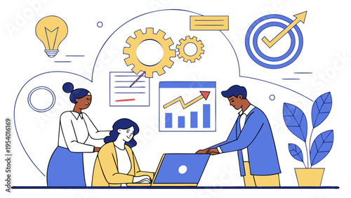 A vector graphic illustration of three people working together on a laptop with business and productivity symbols surrounding them.