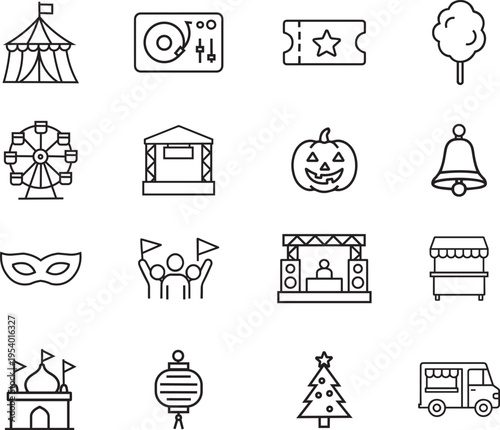 Festival vector icon set, tent, turntable, ticket, cotton candy, ferris wheel, stage, pumpkin, bell, mask, crowd, food stall, castle, lantern, Xmas tree, food truck