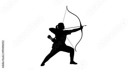 Silhouette of a Female Archer Aiming with Bow and Arrow