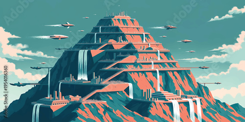 Futuristic Pyramid Mountain City Vector Illustration with Flying Vehicles and Sci Fi Landscape