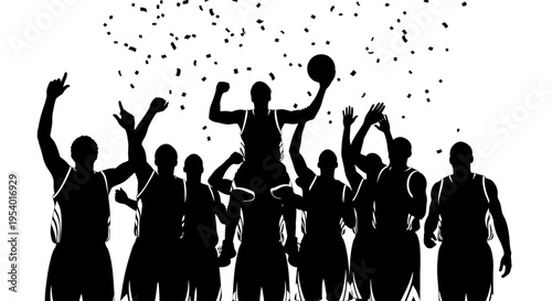 Basketball Team Celebrating Victory Silhouette with Confetti