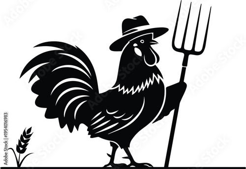 Rooster farmer silhouette holding pitchfork with wheat plant isolated on white background, agriculture symbol, rural farming concept, poultry illustration and countryside lifestyle