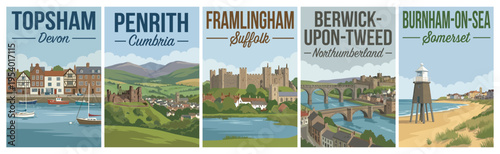Vintage united kingdom travel poster set. Including topsham, penrith, framlingham, berwick upon tweed, and burnham on sea. Retro vector.