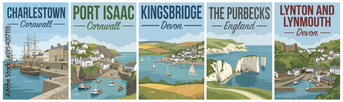 Vintage united kingdom travel poster set. Including charlestown, port isaac, kingsbridge, the purbecks, and lynton and lynmouth. Retro vector.