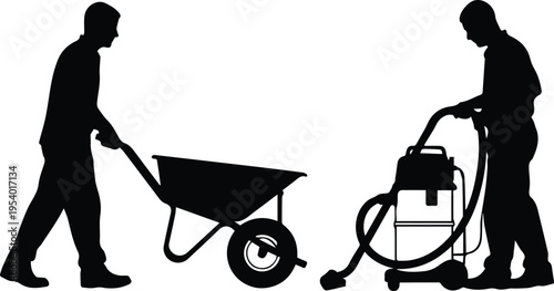 Worker silhouettes with wheelbarrow and vacuum cleaner isolated on white background, manual labor and cleaning service concept, maintenance work and industrial activity illustration