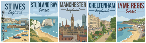 Vintage british united kingdom travel poster set. Including st ives, studland bay, manchester, cheltenham, and lyme regis. Retro vector.