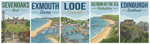 Vintage british united kingdom travel poster set. Including sevenoaks, exmouth, looe, saltburn by the sea, and edinburgh. Retro vector.