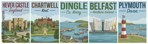 Vintage british and irish travel poster set. Including hever castle, chartwell, dingle, belfast, and plymouth. Retro vector.
