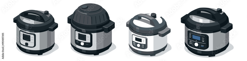 Fototapeta premium Collection of four isometric pressure cooker appliances with digital displays and handles