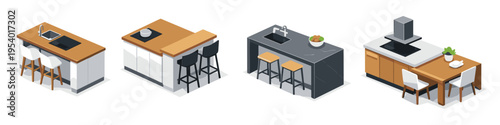 Collection of modern isometric kitchen island designs with sinks and stovetops