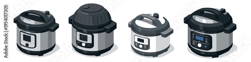 Collection of four isometric pressure cooker appliances with digital displays and handles