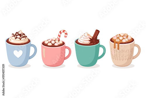 Four festive mugs of hot chocolate with whipped cream and toppings for winter holidays