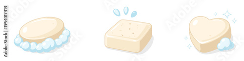 Collection of three cartoon soaps in different shapes with bubbles and sparkles