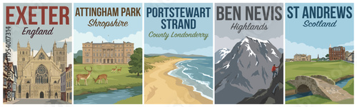 Vintage british united kingdom travel poster set. Including exeter, attingham park, portstewart strand, ben nevis, and st andrews. Retro vector illustration.