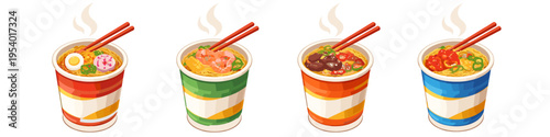 Four different flavors of instant cup noodles with chopsticks and steam, isolated on white