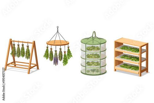 Various drying racks and methods for herbs and greens, illustration