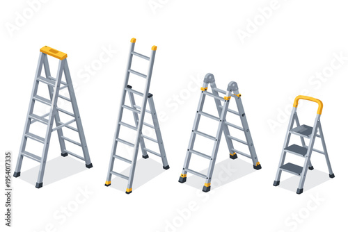 Collection of aluminum step ladders and extension ladders in isometric view