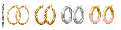 Collection of diverse hoop earrings in gold, silver, and mixed materials