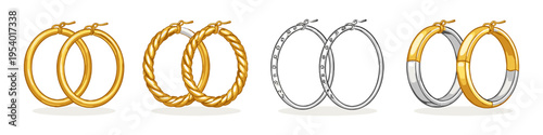 Collection of diverse hoop earrings in gold and silver tones, showcasing various styles
