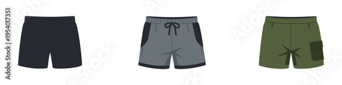 Collection of three different styles of men's shorts on a white background