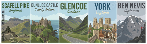 Vintage british united kingdom travel poster set. Including scafell pike, dunluce castle, glencoe, york, and ben nevis highlands. Retro vector illustration.