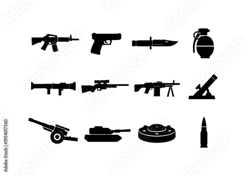 Military weapons set: assault rifle, pistol handgun, combat knife, hand grenade, rocket launcher, sniper rifle, machine gun, mortar tube, artillery cannon, tank turret, landmine